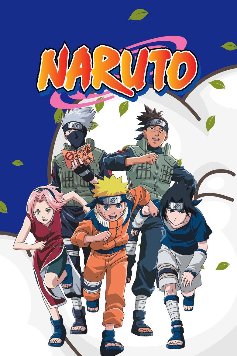 Naruto key visual — Team 7 (Naruto, Sasuke and Sakura) with Kakashi and Iruka under the Naruto logo